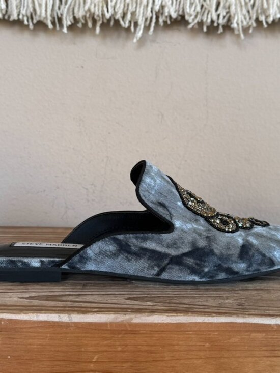 Steve Madden Hyde Blue Velvet Beaded Snake Slip on Flat Loafer Mules Size 8.5 - Picture 8 of 14